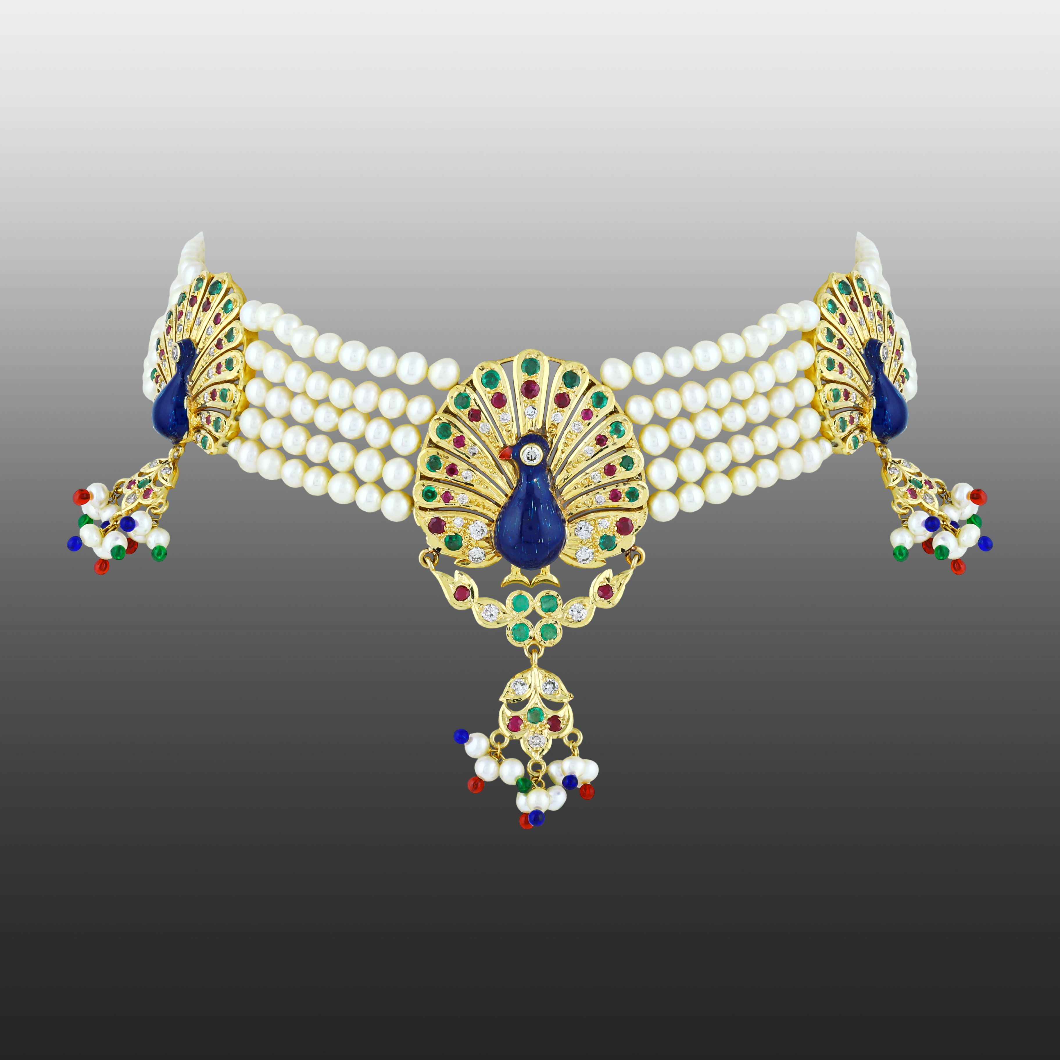 Peacock Enamel Pearl Choker with Gemstones & Bead Drops